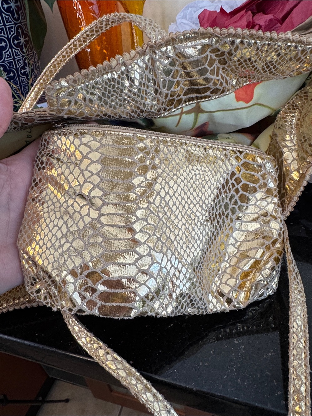 Carlos Falchi Metallic Gold Python-Embossed Tote w/Pouch - Picture 11 of 14